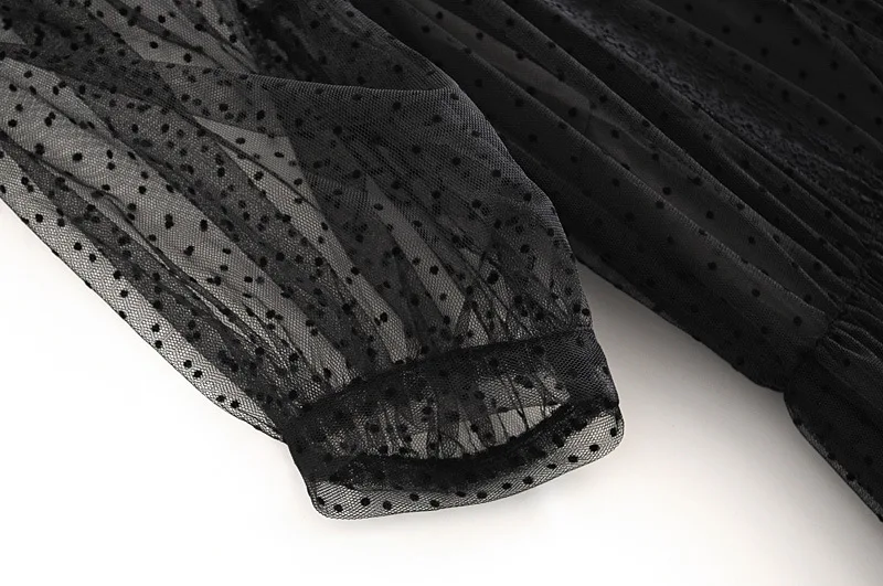 QZ216 осеннее женское черное Сетчатое длинное платье с принтом в горошек европейский дизайн тонкие кружевные платья vestidos