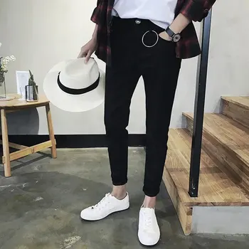 

Fashion Autumn Men Jeans Trousers Skinny Thin Spring Pencil Pants Casual Denim Mid Waist With Ring Elastic Zipper