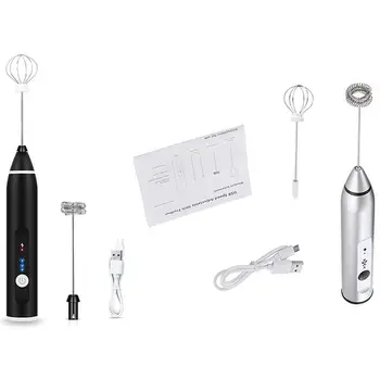 

2set USB Rechargeable Blender Milk Frother Handheld Electric Mixer Foam Maker Stainless Whisk 3 Speed Black & Silver