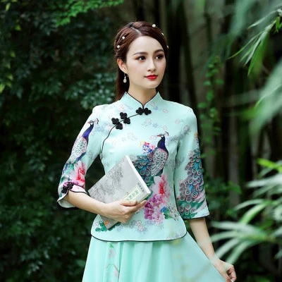 green 4XL Blouse SHENG COCO S-4XL блузка Китайский традиционный Чонсам блузка принт павлинье перо Qipao женские футболки улучшить Moden Hanfu - Цвет: green 4XL Blouse