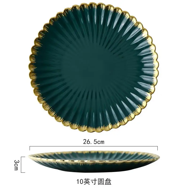 Plate Ceramic Gilt Chrysanthemum Dish European Bowl Creative Retro Dark Green Tableware Home Steak Plate Soup Bowl Salad Bowl - Цвет: A