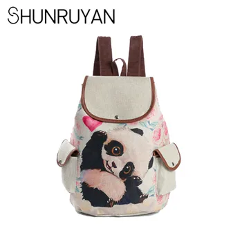 

SHUNRUYAN New Fashion Cute Cartoon Panda Printing Bag Student Backpack Tour Shoulder Bag Large Capacity Flax Backpack