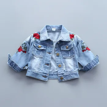 

DFXD Girl Denim Jacket Coat Rose Embroidery New Fashion Children's Spring Autumn Jean Outwear Kids Jacket 2-8T Outfits Baby Coat