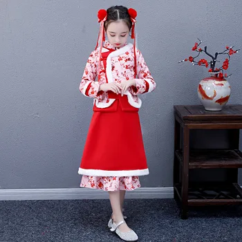 

8589 Winter Children's Clothing Warm Girls Dress New Children's Rabbit Fur Stand-Collar Chinese-Style Cheongsam