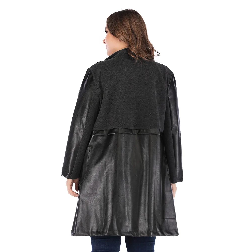 Autumn Plus Size Pu Coat and Jacket Women Slim Classic Stand Collar Ladies Black Pockets Long Jackets Moto Biker Style Outwear
