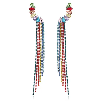 

FARLENA Jewelry Luxury Multicolor Rhinestones Tassel Drop Earrings for Women Wedding Party Accessories long crystal Earrings