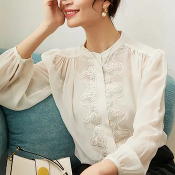 

New Black White Chiffon Top embroidered silk shirt women spring and summer 2020 loose silk shirt