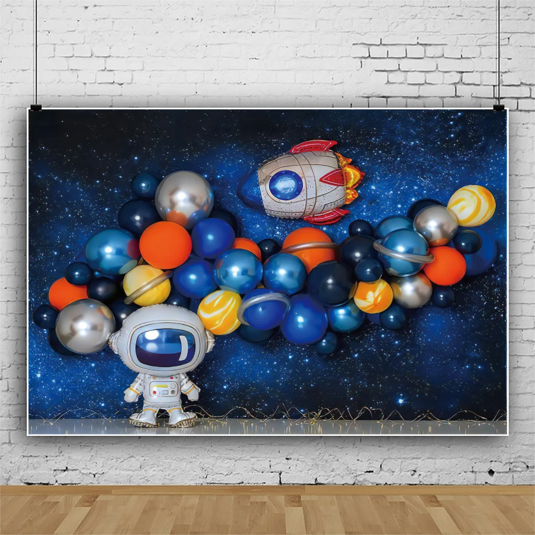 

Laeacco Cartoon Astronaut Universe Planet Starry Baby Birthday Scene Background Spaceship Pattern Banner Photography Backdrops