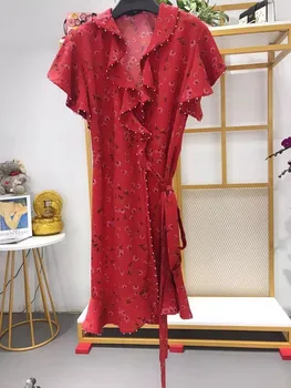 

Women Red Flower Print Dress Beading Wrap Irregular Short Sleeve Ruffle Mini Dress