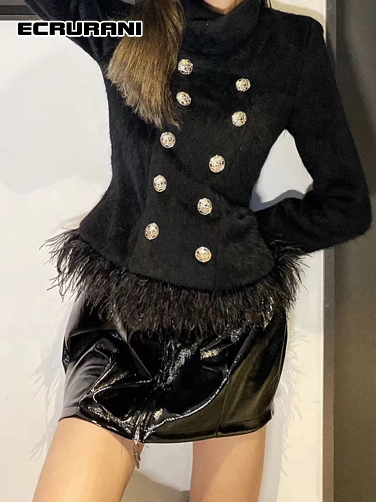 ECRURANI Black Elegant Patchwork Feather Coat For Women Stand Collar Long Sleeve Casual Solid Jacket Females 2021 Autumn Clothes