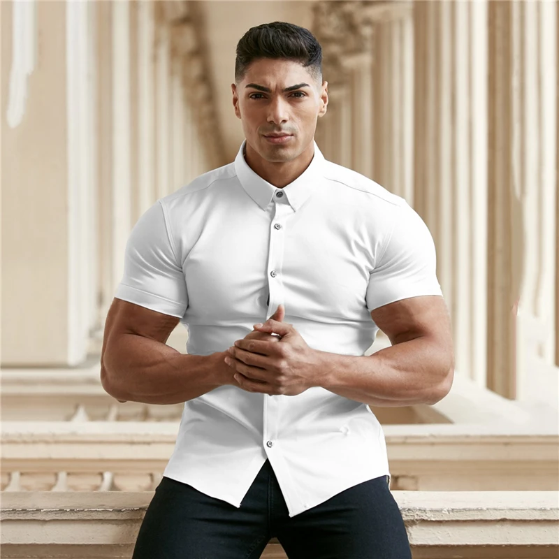 

New Spring Summer Fashion Brand Mens Sports Short Cool Casual Breathable Fitness Clothing Turn-down Collar Short Sleeve Shirts