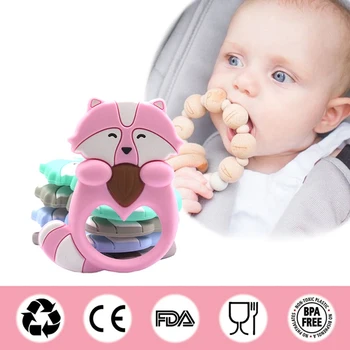 

Baby Newborn Teething Toys BPA Free Soft Silicone Cartoon Animal cute fox Squirrel Raccoon Teethers Rattles