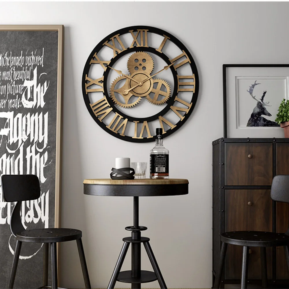 Gear Large Wall Clock Modern Design Clocks Quartz Time Mute Watch Wooden  Decor 3D Vintage Horloge Saat - 4