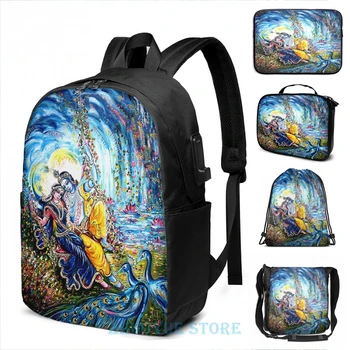 

Funny Graphic print Radha Krishna Jhoola Leela USB Charge Backpack men School bags Women bag Travel laptop bag