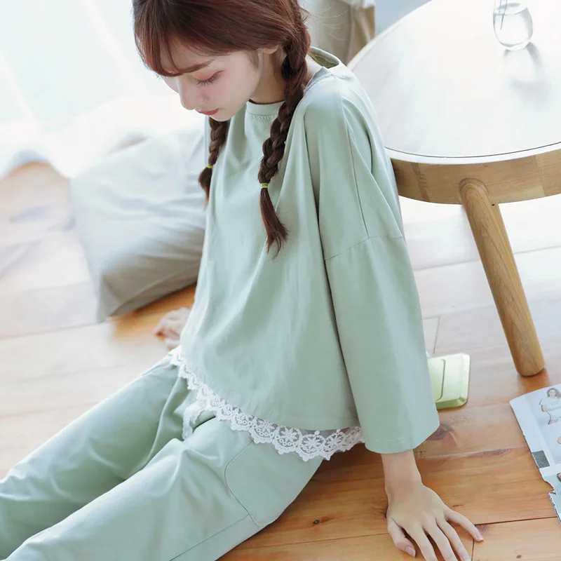

Blusas Mujer De Moda 2019 New Spring And Autumn Cotton Lace Sweetness Pyjamas With Large Sizes Pyjamas Women Sleepwear Ladies