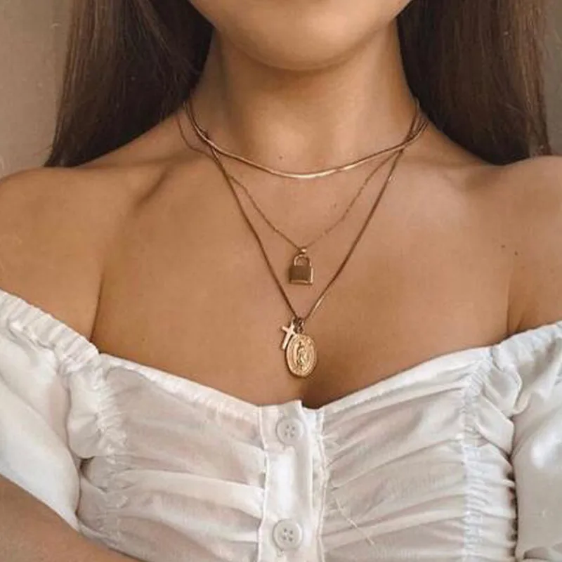 BUTEELUVV Lock Cross Jesus Pendant Necklace for Women Vintage Religious Gold Triple Layered Chain Fashion Jewelry | Украшения и