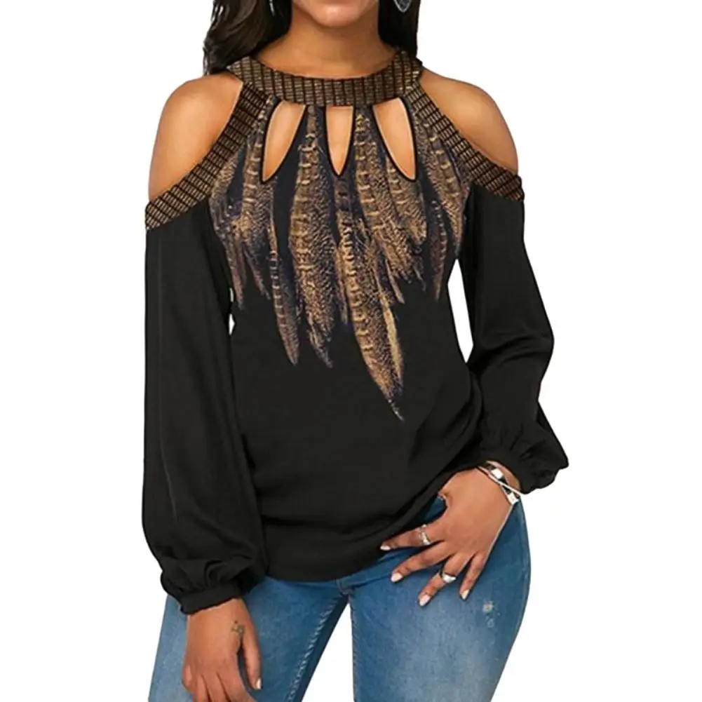 Plus Size Feather Print Women Cold Shoulder Long Sleeve Blouse Chiffon Shirt Round Neck Chiffon Blouse womens tops and blouses Plus Size Feather Print Women Cold Shoulder Long Sleeve Blouse Chiffon Shirt Round Neck Chiffon Blouse womens tops and blouses
