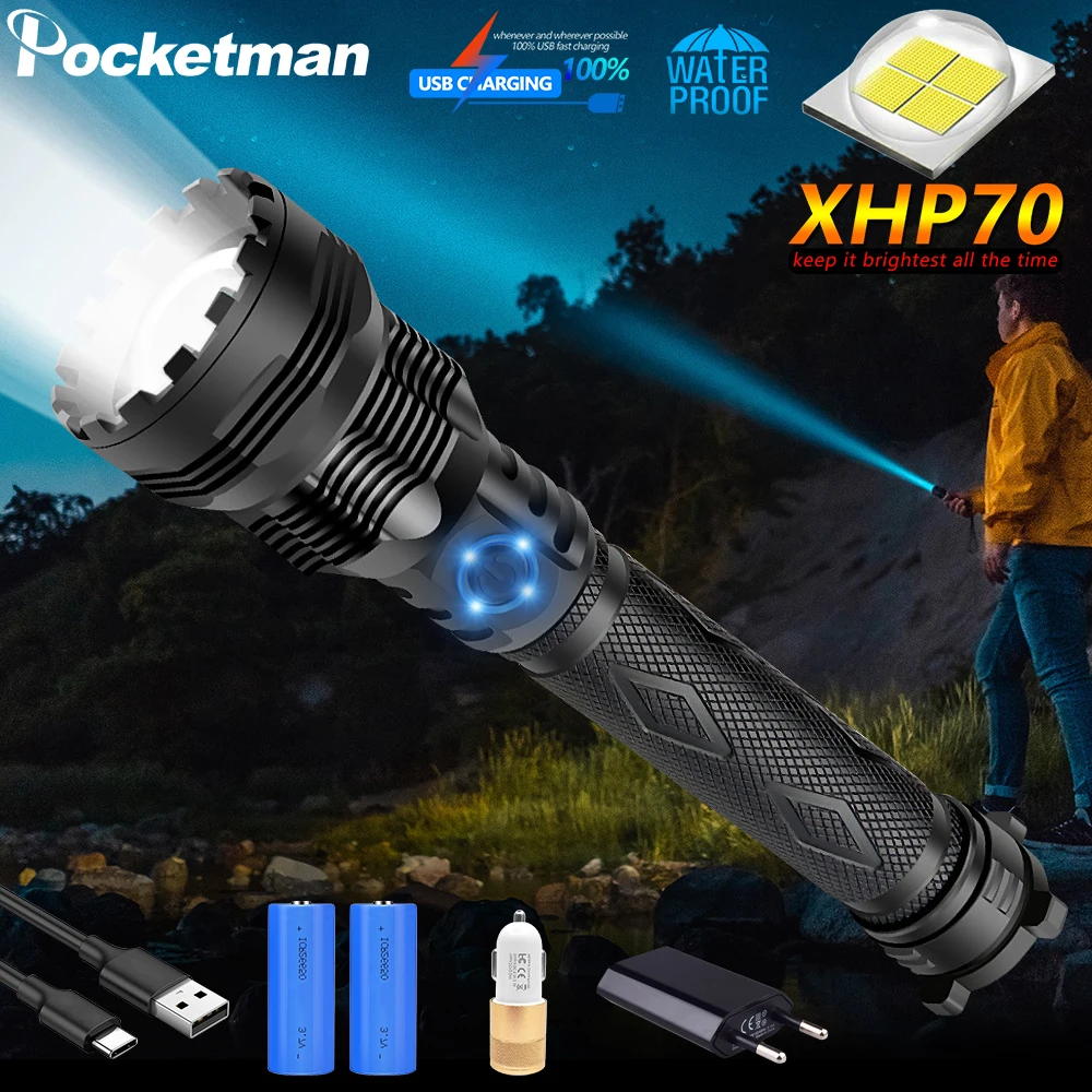 

NEWEST XHP70 LED Flashlight 50W Powerful Bright USB Charging 2*26650 Multifunctional Zoom Light Power Bank Camping
