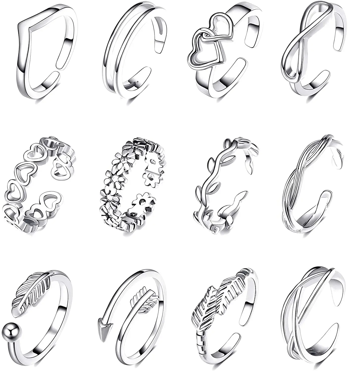 12PCS Adjustable Toe Rings for Women Stainless Steel Flower Arrow Band Open Tail Ring Women Summer Beach Foot Jewelry Set