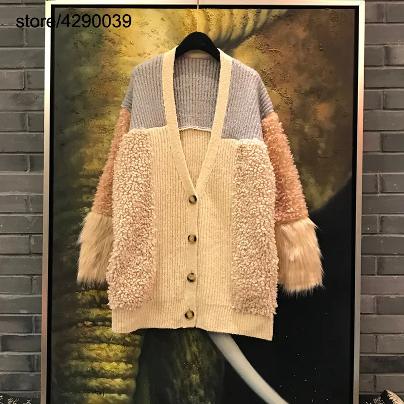 ^Cheap Women Candy Color Fleece Patchwork Knitting Cardigan Loose Style Long Sleeve V Neck Winter Thicken Christmas Sweater