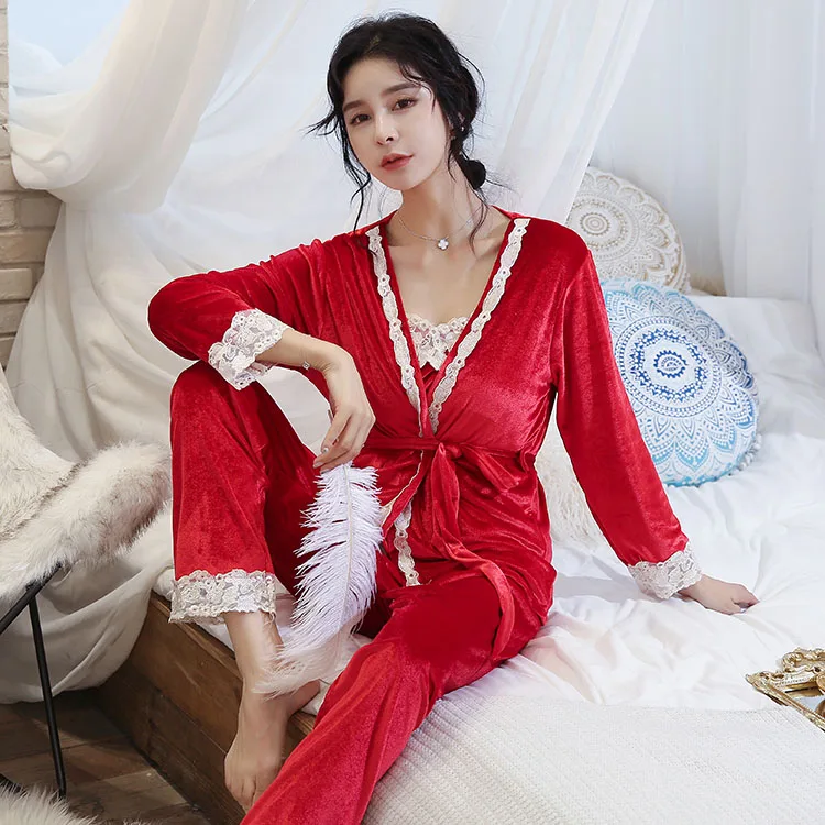 3 шт., женские пижамы, золотой бархатный Пижамный костюм, женские пижамы, пижамы, нижнее белье, пижама на осень и зиму, Пижама для женщин - Цвет: Красный
