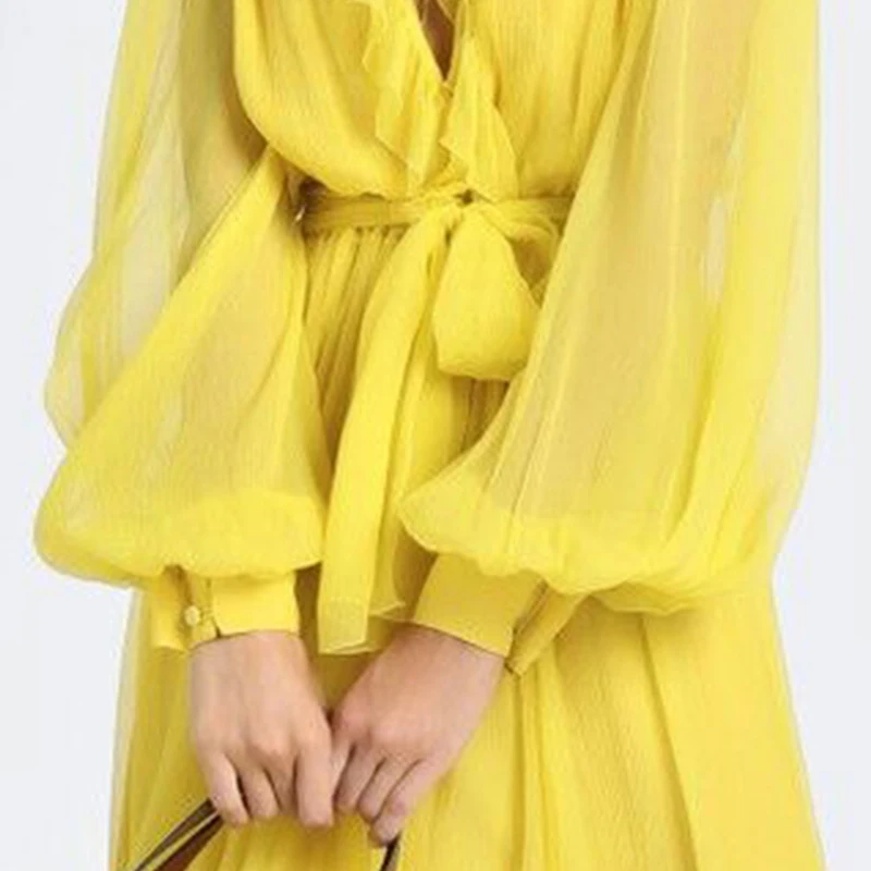 Autumn Yelllow Vintage V-neck Long Lantern Sleeve
