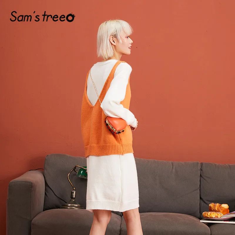 SAM'S TREE White Solid Minimalist Style Two Piece Sets Women Winter Orange Pure Loose Casual Office Ladies Matching Set