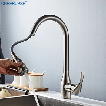 

Kitchen Sink Pull Out Faucet Hot Cold Water Mixer Crane Deck Mount Column Shower Effluent Faucets Brushed Nickel Brass Taps