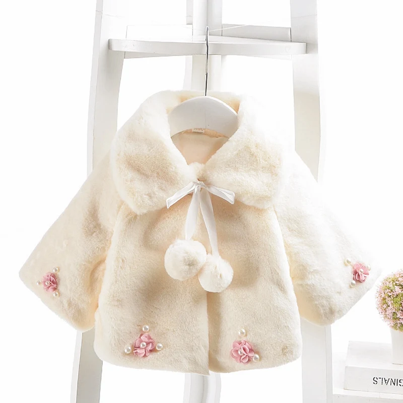 Модное теплое зимнее пальто-накидка для девочек детские цветочные шарики, верхняя одежда с бусинами, пальто-накидка из искусственного меха, S9688