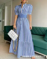 Vestido camisero a rayas con mangas abullonadas para mujer