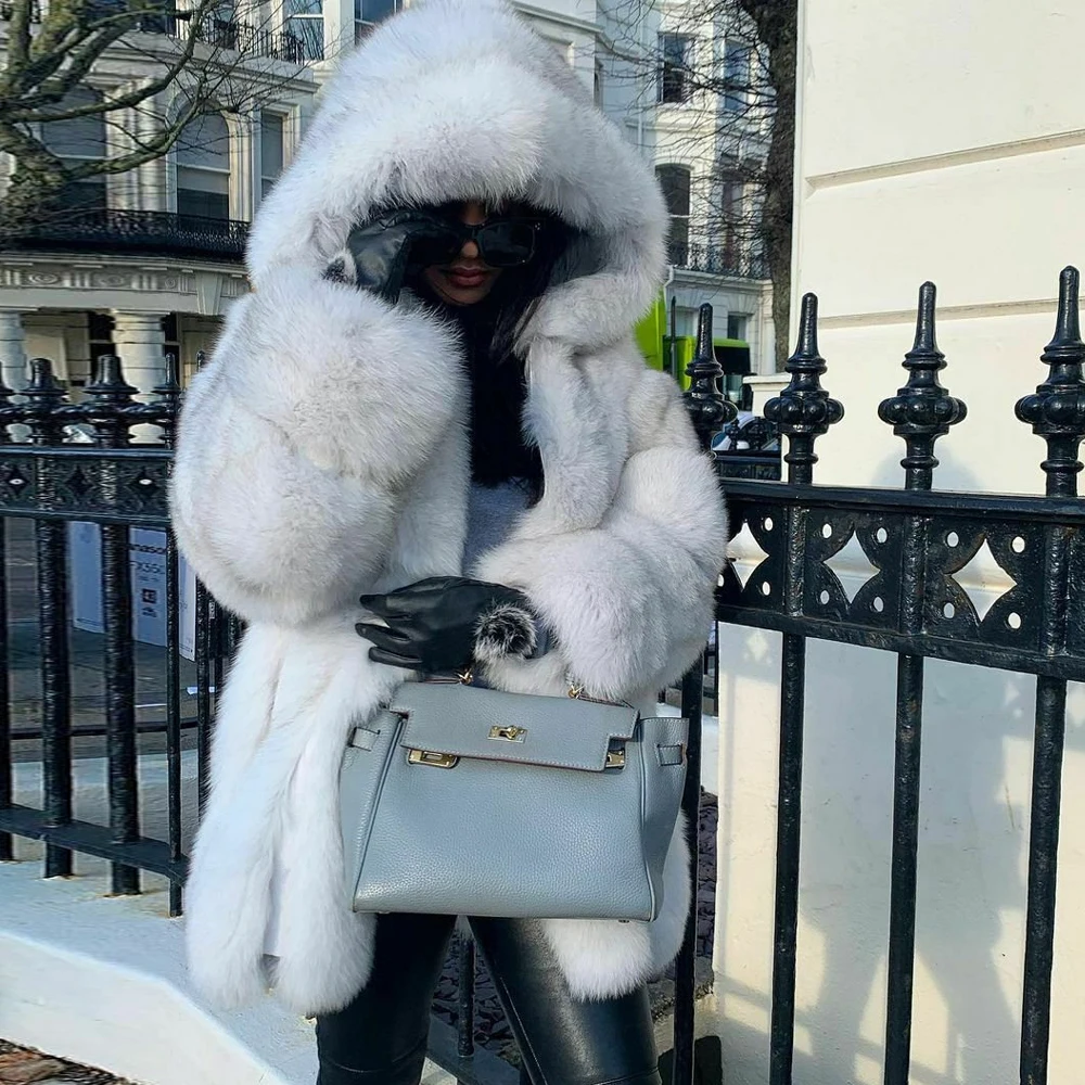 Medium Length Real Fox Fur Jacket with Hood Thick Warm Fur Overcoat Luxury Women Winter New Genuine Fox Fur Coats Female Outwear