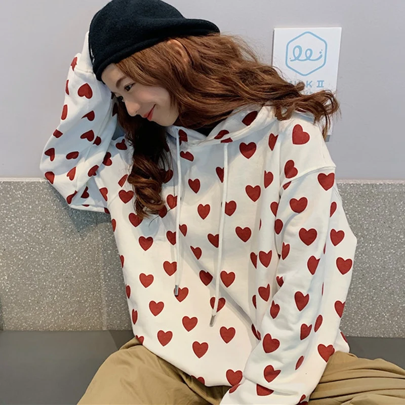 Толстовка с капюшоном для женщин Зима Осень корейский стиль преппи мультфильм сердце печати милый большой размер свободный пуловер