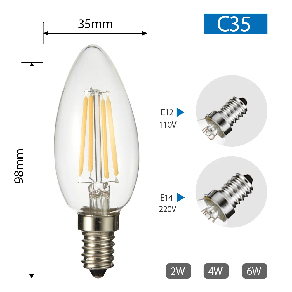 LUCKYLED светодиодный светильник 220 В E14 110 В E12 2 Вт 4 Вт 6 Вт Ретро винтажный светодиодный светильник с нитью накаливания светильник-свеча для домашнего декора Внутреннее освещение