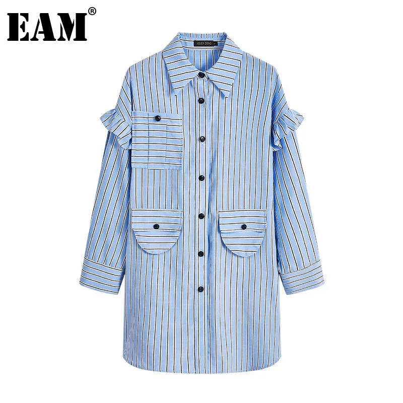 [EAM] Women Blue Striped Split Big Size Blouse New