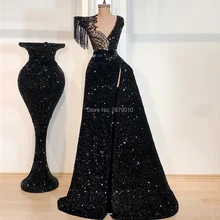 Новое поступление, Черное вечернее платье с v-образным вырезом, а-силуэт, длина до пола, торжественное платье, платье для выпускного вечера, блестящее арабское платье с блестками