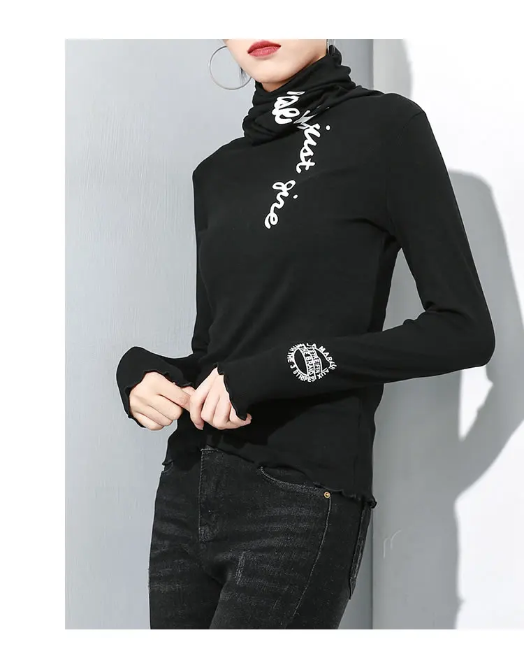 XITAO, тонкая черная футболка с буквенным принтом, женская одежда, модная повседневная Водолазка с длинным рукавом, подходящая ко всему, футболка, топ, новинка ZLL4489