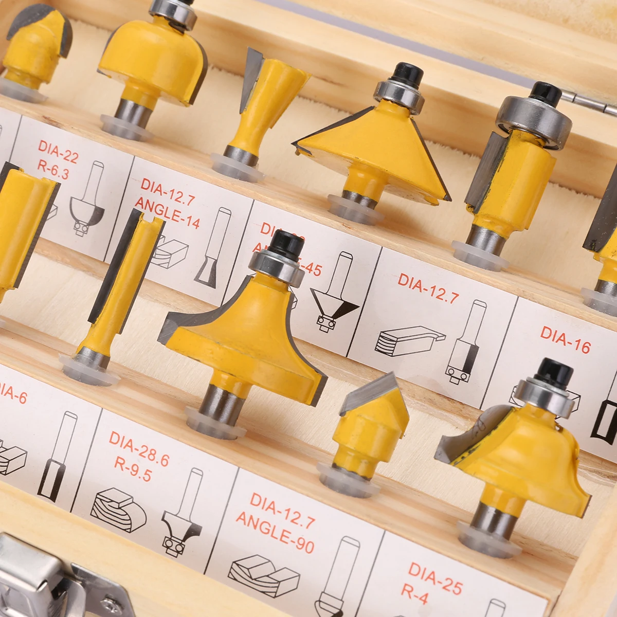 12pcs 1/4 inch Shank Carbide Steel Flush Trim Router Bit Set Woodworking Milling Cutter Power Tools with Wooden Box
