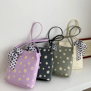 

Classic Texture Lace Mesh Daisy Flower Totes Shoulder Bag Delicate Creative Design Chic Women PU Silk Scarf Summer Handbag