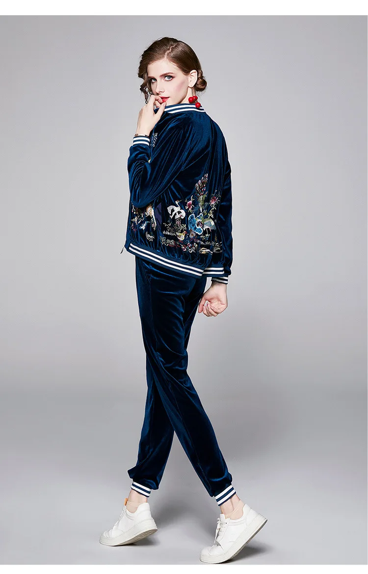Подиумная Модная элегантная бархатная куртка и штаны, новинка, женская женский комплект 2 шт. куртка на молнии с вышивкой, спортивный костюм, штаны