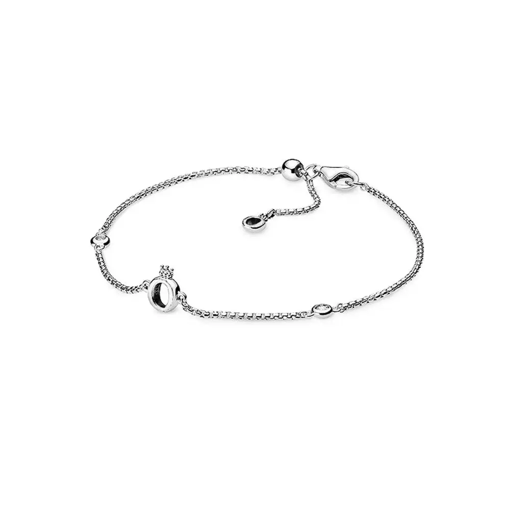 

100% 925 Sterling Silver Pandoras Sparkling Crown O Chain Bracelet Charm Bead for Women DIY Adjustable Bangle Jewelry Gift