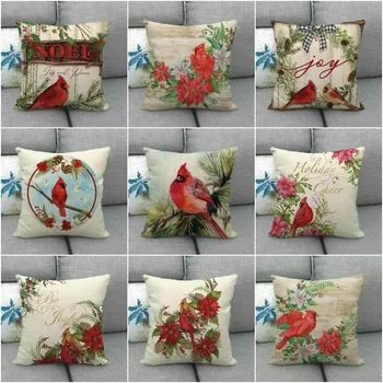 

45*45 cm Cotton Linen Pillow Covers Square Cardinal Couch Red Bird Decorative Throw Pillowcase Cushion Cover Home Room Decor