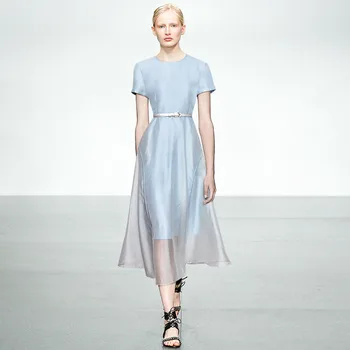 

Elegant O Neck Short Sleeve Summer A-Line Dress Women With Belt Solid Color Runway High Quality Office Lady Work Mesh Dresses