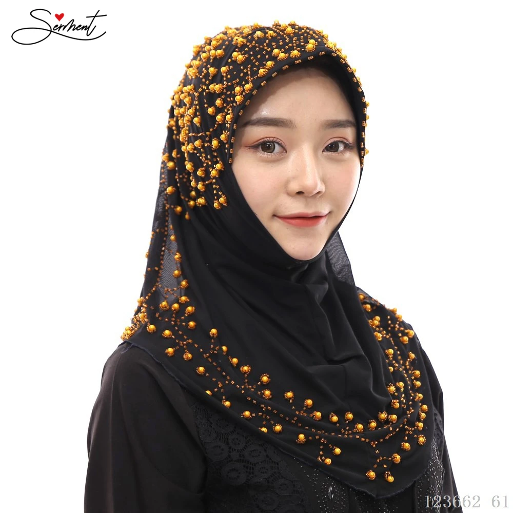 SERMENT Muslim Head Gauze Multi-color Large Particle Beaded Diamond Lace Wedding Accessories