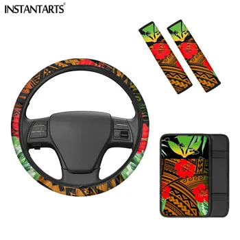 

INSTANTARTS Car Interior Armrest Box Cover Polynesian Hawaiian Hibiscus Flower Printed Vehicle Seat Belt Covers For Adults Soft