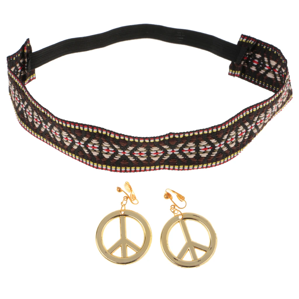 2 Pieces Hippie Costume Accessories Set - Including Peace Sign Earrings & Boho Headband for Women & Girls