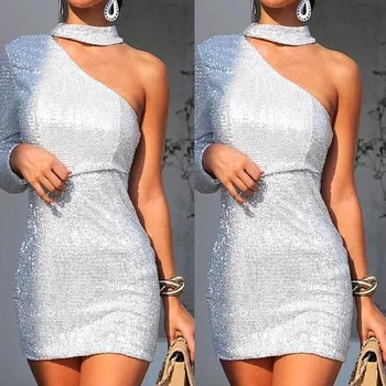 

BacklakeGirls 2019 Fashion One Shoulder Long Sleeve Silver Sequined Mini Cocktail Dress Short Formal Dresses Coctel