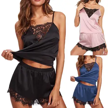 

2Pcs Sexy Pajama Set Women Lace Spaghetti Strap Top and Shorts Pyjamas Women's Pajama Set Sleepwear Femme Pijama Nightgown