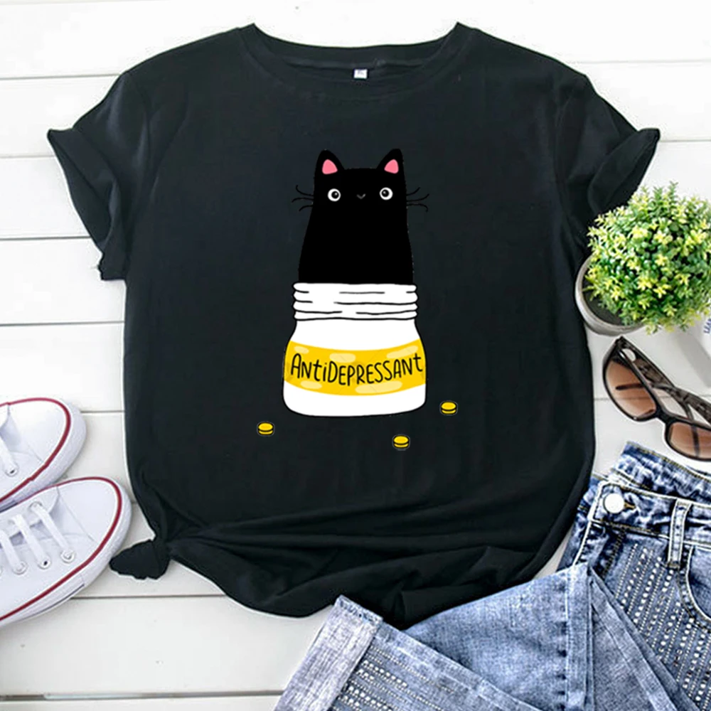 T Shirt For Woman Lovely Black Kitten Personality Text Print Women T Shirt Cotton Harajuku Tshirts Womens Vintage Gothic Clothes