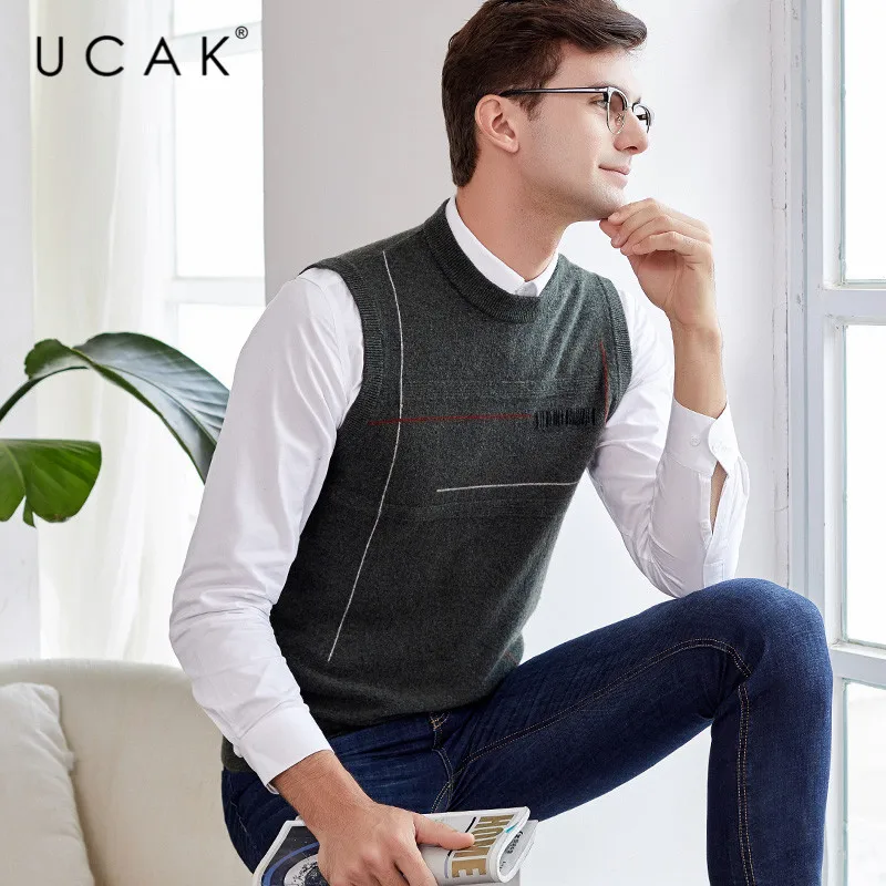 Buy UCAK Brand Pure Merino Wool Sweater Vest 2019 New Arrival Casual Autumn Winter Pull Homme Streetwear Warm O-Neck Sweaters U3113