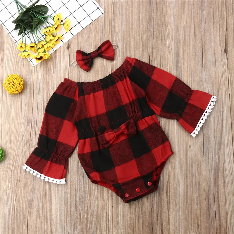 

Newborn Baby Girls clothes long sleeve round neck Tassel Geometry Bandage Bodysuit bow plaid Headband 2pc Toddler autumn outfits